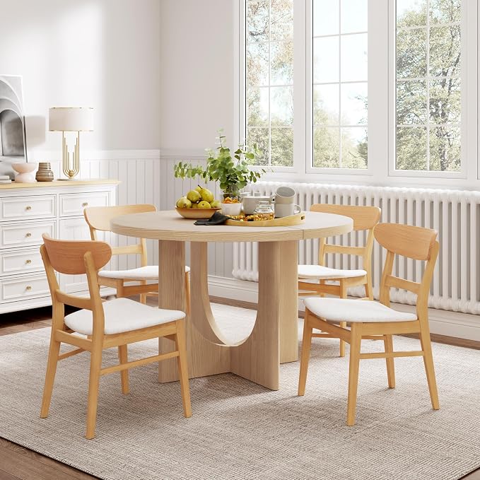 Merax 5-Piece Retro Dining Set - 48" Round Cross-Leg Table & 4 Upholstered Chairs, Mid-Century Modern Kitchen Set with Rubberwood Frame for Kitchen Dining Room, Natural+Beige
