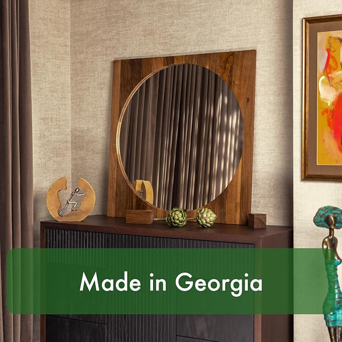 Walnut Wood Frame Round Mirror - 24" Wood Framed Mirror for Bathroom - Hallway Mirrors for Wall Entry - Mirrors for Entryway, Bedroom, Dining Room - Housewarming Gifts - Home Décor