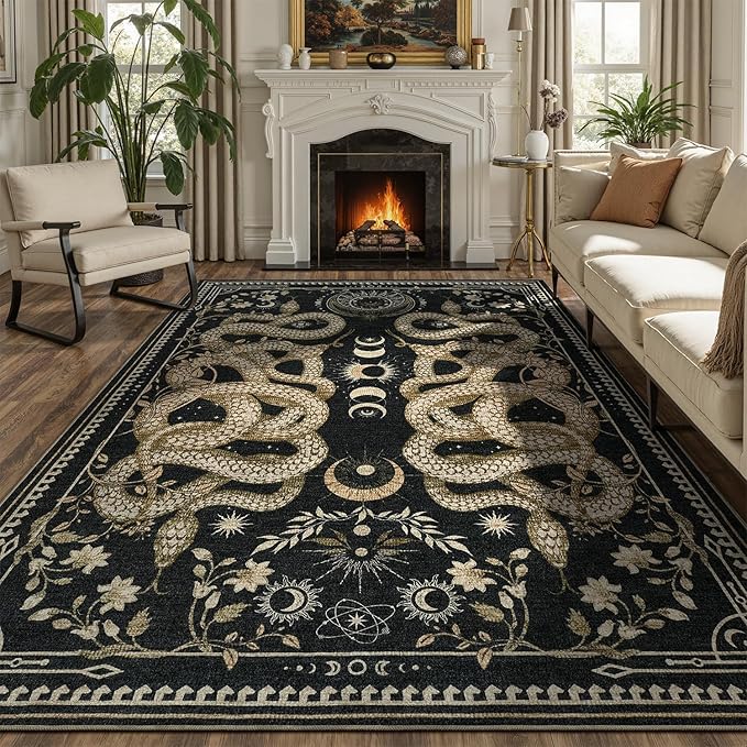 DCX Washable 5x7 Snake Rug, Black Gothic Rug for Living Room, Soft Low Pile Carpet, Kid & Pet Friendly with Rubber Back Non Slip, Stain Resistant Rug for Bedroom Dining Room Office