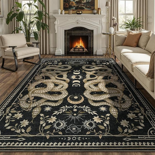 DCX Washable 5x7 Snake Rug, Black Gothic Rug for Living Room, Soft Low Pile Carpet, Kid & Pet Friendly with Rubber Back Non Slip, Stain Resistant Rug for Bedroom Dining Room Office