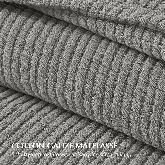 EVERGRACEHOME Cotton Gauze King Bedspread, Ultra Soft Prewashed Pick Stitch Matelassé Coverlet, Lightweight Textured Oversized King Quilt Bedding Set for All Season, with 2 Shams, Fog Gray