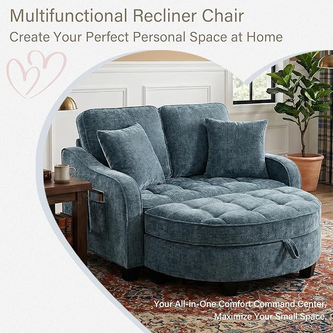 Round Chaise Lounge Chair with Storage Ottoman, Oversized Bubble Chair and a Half Featuring Adjustable Backrest, Plush Reading Accent Chair and Ottoman Set for Bedroom, Navy Blue