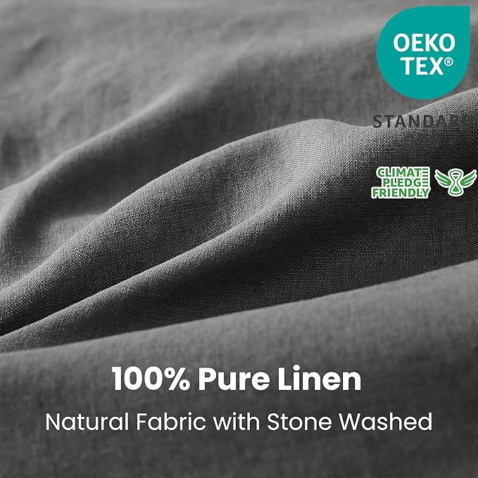Simple&Opulence 100% Linen Duvet Cover Set 3pcs with Coconut Button Closure Natural French Washed Flax Solid Color Soft Breathable Farmhouse Bedding - Dark Grey, Full Size