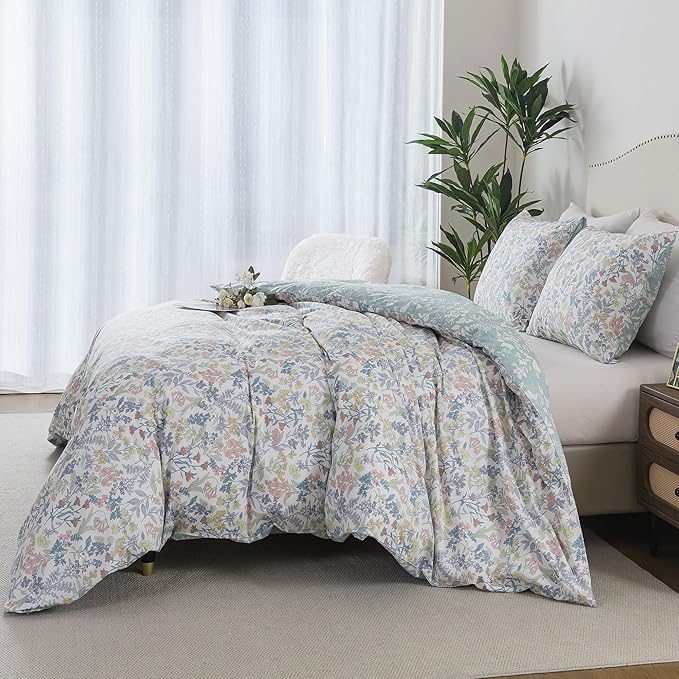 HoneiLife Cotton Queen Duvet Cover - Floral Comforter Cover 3-Piece, Botanical Bedlinen Sets with Zipper Closure & Corner Ties, Wildflower Bedlinen Sets for All Season Use