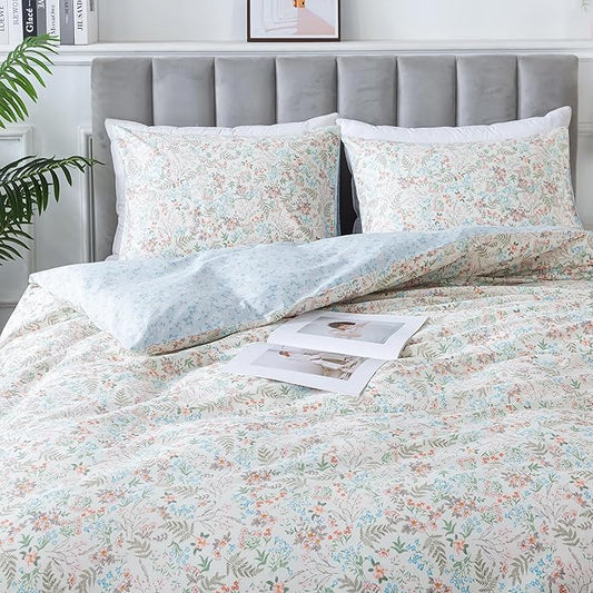 HoneiLife Wildflower Duvet Cover Queen - 100% Cotton Comforter Cover Sets, 3-PC Comfortable Floral Bedlinen Set, Botanical Duvet Cover with Zipper Closure & Corner Ties