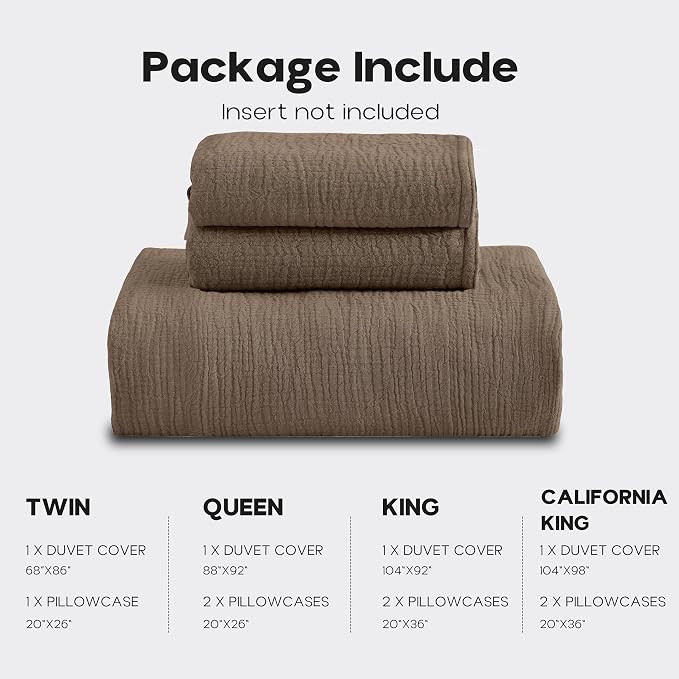 Simple&Opulence Linen Muslin Duvet Cover Set California King, 3Pcs Brown Linen Cotton 3-Layer Gauze Minimalist Comforter Cover 104”x98”, Ultra Soft Breathable Seersucker Bedding Set with 2 Pillowcases
