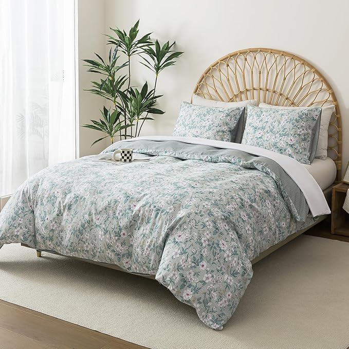 HoneiLife Wildflower Duvet Cover Queen - 100% Cotton Comforter Cover 3-PC, Botanical Bedlinen Set with Zipper Closure & Corner Ties, Floral Comforter Cover Sets, Greenery