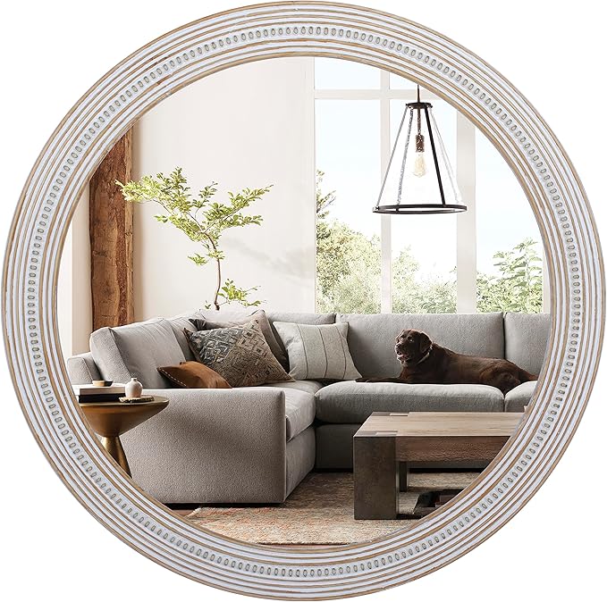 Reflinto 30 Inch Wood Framed Boho Round Mirror for Bathroom, Rustic Farmhouse Decorative Wall Mirrors for Over Sink, Living Room, Foyer, Entryway, Hallway