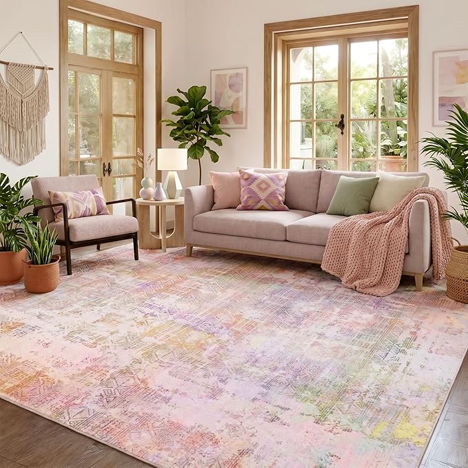 Kokia Abstract 9x12 Area Rugs Living Room Washable Low Pile Non-Slip Indoor Decor Pink Orange Carpet Foldable Stain Resistant Ombre Rugs Bedroom Dining Room, Oslo Liora