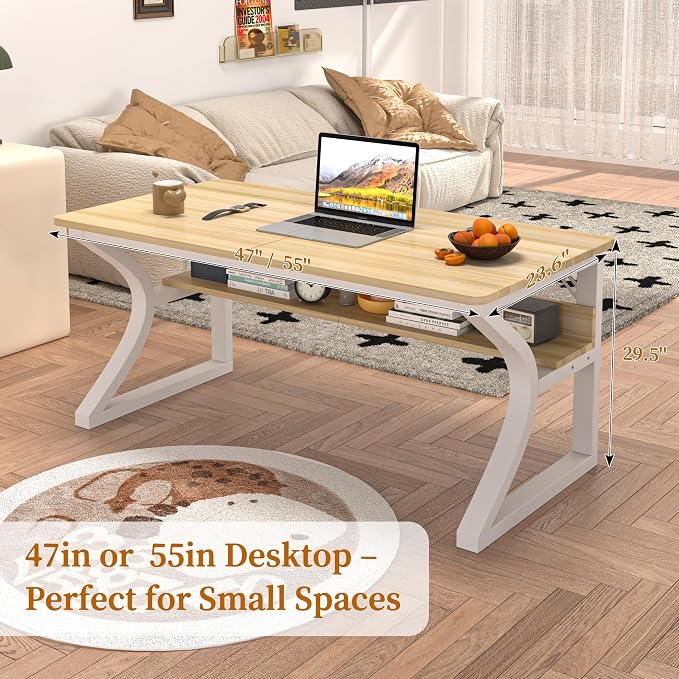 47 X 23.6'' Computer Desk, Home Office Desks w/Shelf Storage, Computer Desk w/Metal Frame, Cable Management, Study Student Desk Writing Work Table Deeper & Thicker Desktop for Home Bedroom