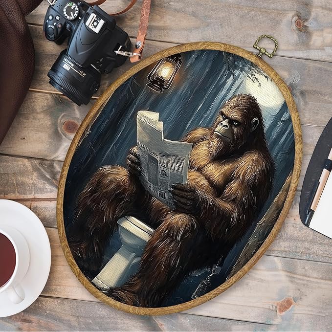 CGBHW Funny Orangutan Bathroom Oval Wall Art Decor, Monkey Reading Newspaper on Toilet Canvas Prints Framed, Dark Wall Art Hanging Decor for Home Bedroom Living Room Decorations, 8.6x11.4 Inch