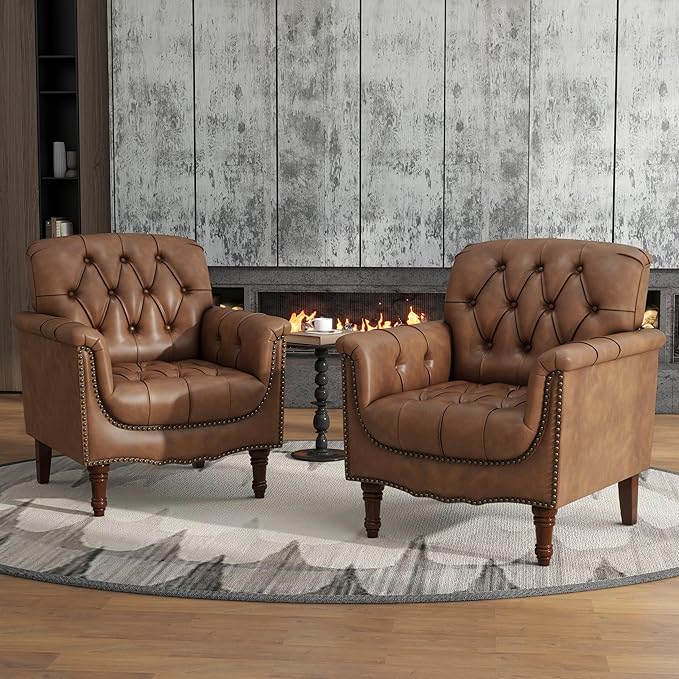 Lumibee Faux Leather Armchairs, Contemporary Accent Chairs Set of 2 with Nailhead Trims & Wood Legs for Living Room, Upholstered Comfy Arm Chairs for Office,Bedroom-Brown