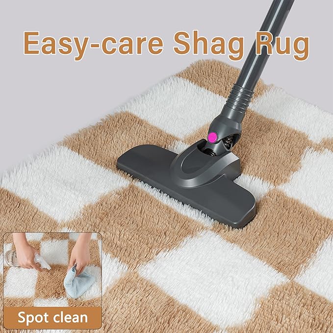 Checkered Rug 7x10 for Living Room, Beige and White Modern Shag Rug Washable Non-Slip Large Area Rug Super Soft Indoor Fuzzy Carpet Fluffy Rugs for Bedroom Home Aesthetic Decor