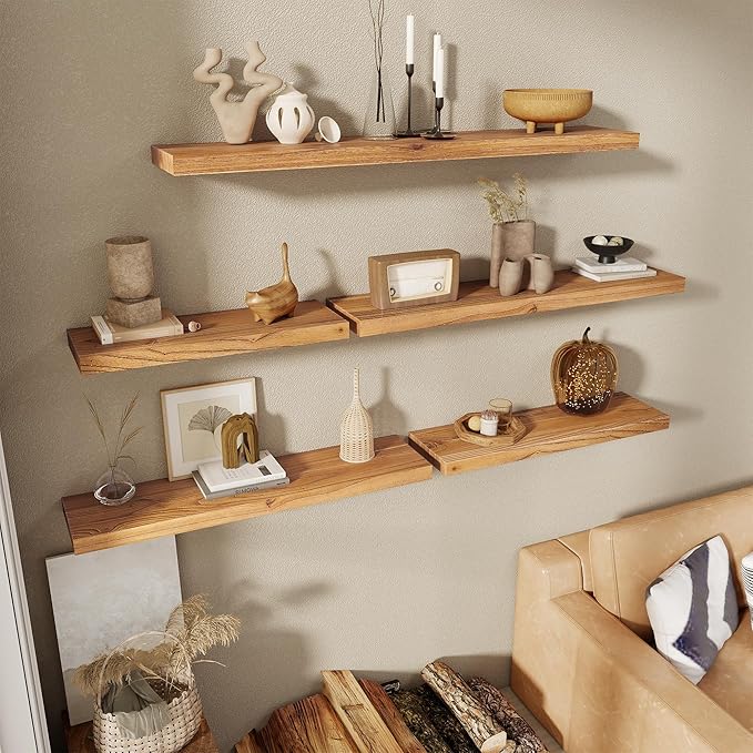 36 Inch Floating Shelves for Wall, 8"D High End Solid Hardwood Shelves for Decor Storage, Rustic Wall Shelves with Invisible Heavy Duty Brackets for Living Room, Kitchen, Bathroom, Natural, 2 Pack