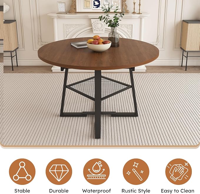 43"-59" Extendable Round Dining Table for 4-6,Mid Century Modern Walnut Wood Grain Table,Expandable Kitchen Table with Metal Storage Shelf for Small Spaces