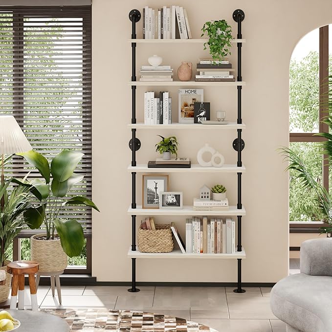 6 Tier Industrial Ladder Shelf Bookcase, Wall Mounted Rustic Bookshelf for Living Room Decor and Storage (White, 6 Tier - 10" D x 36" W x 82.5" H)