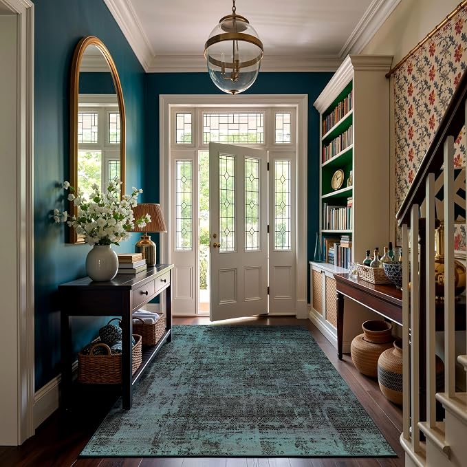 Kokia Abstract Area Rugs Washable Indoor 6x9 Rug Boho Distressed Retro Low Pile Non-Slip Non-Shedding Deep Teal Carpet Bedroom Living Room Dining Room, Ocean Teal