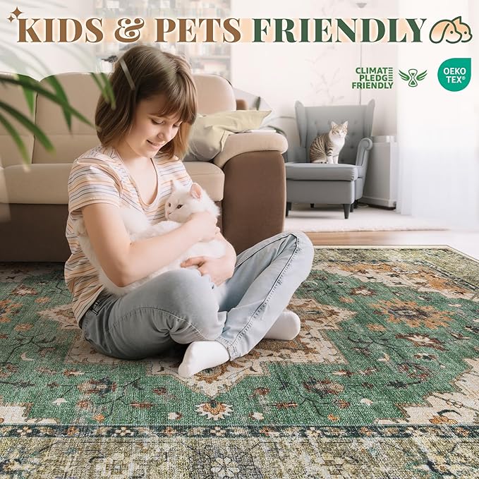 Area Rug 8x10 Vintage Rug: Large Washable Indoor Medallion Rugs Low Pile Distressed Floor Carpet Retro Accent Rug for Living Room Bedroom Kitchen Dining Table Home Office(Brown Green, 8'x10')