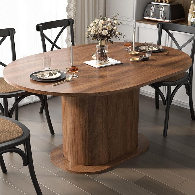 39.37"-55.12" Round Extendable Dining Table, Oval Kitchen Table with Fluted Metal Slide Door, Space-Saving Expandable Dining Table for Small Apartment & Family Use, Walnut