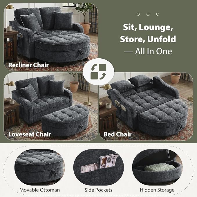 Round Chaise Lounge Chair with Storage Ottoman, Oversized Bubble Chair and a Half Featuring Adjustable Backrest, Plush Reading Accent Chair and Ottoman Set for Bedroom, Matte Black