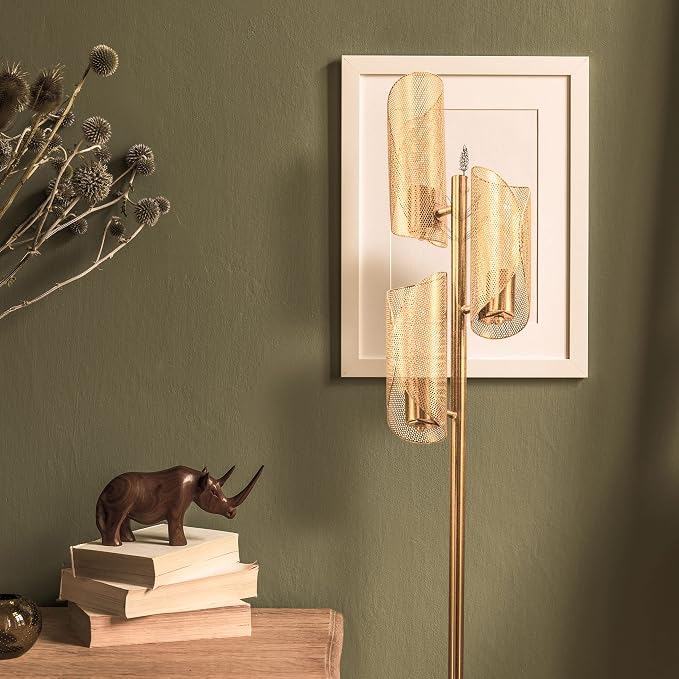 Brightech Lyra LED Tree Floor Lamp for Mid-Century Modern, Contemporary, Industrial Décor, 3 Light Head Standing Lamp with Metal Cage Shade, Standing Pole Tall Lamp for Living Room, Bedroom - Brass