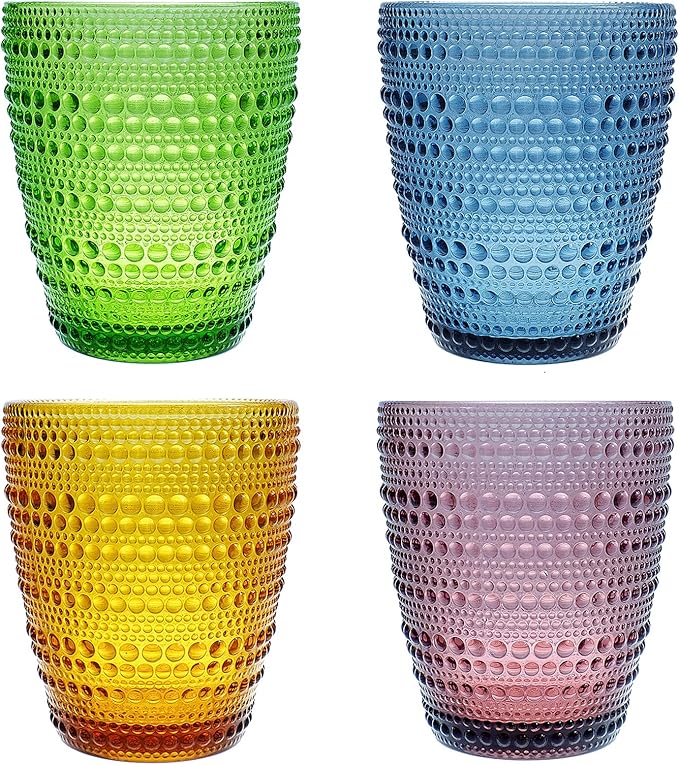 Drinking Glasses, Vintage Glassware Set of 4, Colored Glass Drinkware Set 10 Oz for Water, Juice, Milk