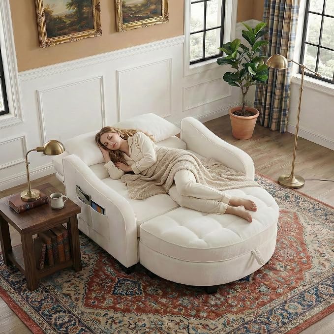 Round Chaise Lounge Chair with Storage Ottoman, Oversized Bubble Chair and a Half Featuring Adjustable Backrest, Plush Reading Accent Chair and Ottoman Set for Bedroom, Light Beige