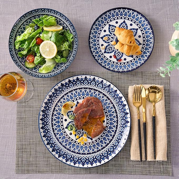 Bestone Ceramic 12-Pieces Dinnerware Sets, Ceramic Dish Plates and Bowls Sets, Dishes Set for 4, Dinner Salad Dessert Plates, and Cereal Bowls Set, Gift,Vintage Blue