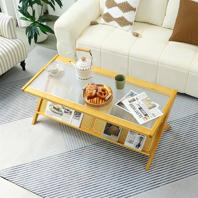 Bamboo Coffee Table, Accent Rattan Coffee Table with Glass Top, Mid-Century Wooden Center Tables, Modern Sofa Side Tea Tables with Storage for Living Room, Burlywood