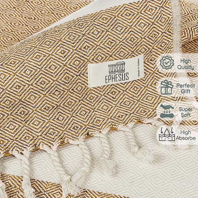 Hand Towels - Set of 2 | 18" x 30" - Decorative Turkish Hand Towel for Bathroom, Kitchen, Guest, Face, Hair, Tea, Dishcloth (Diamond, Mustard)
