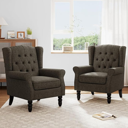 Accent Chairs Set of 2, High Back Upholstered Chair with Button Tufted, Mid-Century Modern Comfy Wingback Chair Reading Armchair in Fabric for Living Room for Bedroom, Office-Taupe