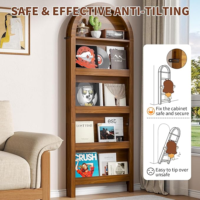 Narrow Tall Wall Mounted Bookshelf for Living Room Bedroom (Brown)