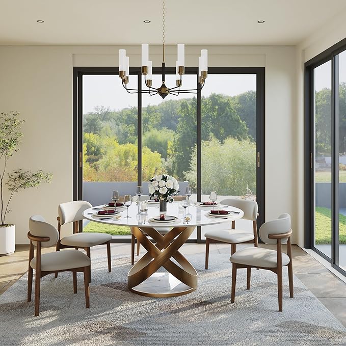 POVISON 59" Modern Round Dining Table, White Round Kitchen Table for 6, Sintered Stone Dining Room Table top with Bronze X Carbon Steel Base (Dining Table Only)