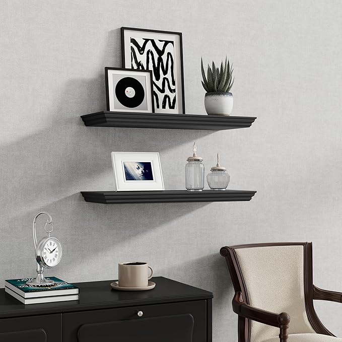 Fun Memories Floating Shelves 24 Inch Long, 9.3 Inch Deep Classic Crown Molding Floating Shelves for Wall, Rustic Wooden Shelves for Wall Decor Bathroom, Kitchen, Office, (Black, 2Pack)