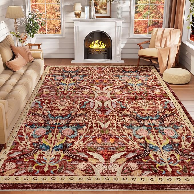 AMTOVO 8x10 Washable Area Rugs for Living Room, Non-Slip Large Soft Boho Floral Accent Rug, Vintage Pattern Printed Carpet for Bedroom Dining Room Farmhouse Nursery Room Home Office, Red