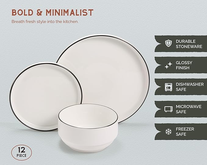Vase and Vessel Ceramic Dinnerware Set, 12-Piece Service for 4, Round, Microwave and Dishwasher Safe, Cambridge Classics (French)