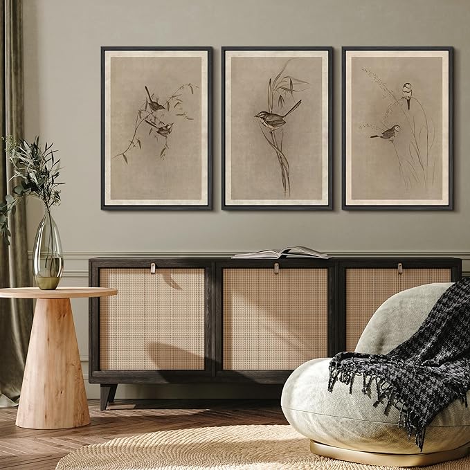 MUDECOR Framed Wall Art Print Set Vintage Bird Wheat Ear Illustrations Modern Art Boho Decorative Colorful Chic for Living Room, Bedroom, Office - 24"x36"x3 Black