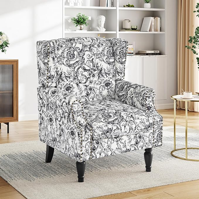 Pia Ricco Set of 2 Floral Accent Chairs, High Back Upholstered Armchairs with Retro Wingback Design, Nailhead Trim & Solid Wood Legs for Living Room Bedroom Home Office(Rococo Black)