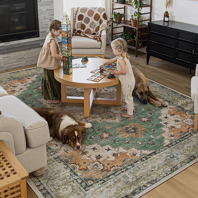 Area Rug 8x10 Vintage Rug: Large Washable Indoor Medallion Rugs Low Pile Distressed Floor Carpet Retro Accent Rug for Living Room Bedroom Kitchen Dining Table Home Office(Brown Green, 8'x10')