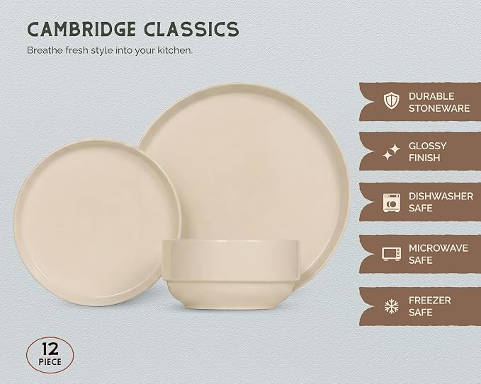 Vase and Vessel Ceramic Dinnerware Set, 12-Piece Service for 4, Soup Bowls (25 oz), Salad Plates (7.5"), Dinner Plates (10"), Round, Microwave and Dishwasher Safe, Sand, Cambridge Classics