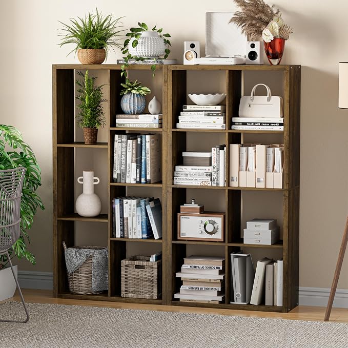 VDNEND Cube Storage Organizer Bookcase, Decorative 11 inch Open Back Cubical Shelf with Thickened Border, Display Bookshelf for Living Room, Home Office, Sturdy Room (Brown, 8 Cube)