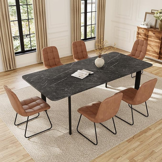 Extendable Dining Table Set for 6-8 People, 63 to 78.7 Inch MDF Kitchen Table with 6 Faux Leather Dining Chairs, Space-Saving for Dining Room, Breakfast Nook (Dark Grey Table & 6 Brown Leather Chairs)