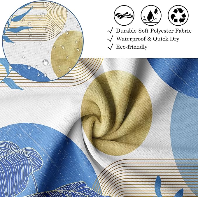 Light Blue and Gold Shower Curtain Boho Blue and White Shower Curtains for Bathroom Decor Mid Century Modern Bath Curtain Set, Waterproof Fabric with Hooks 60 x 72 Inch