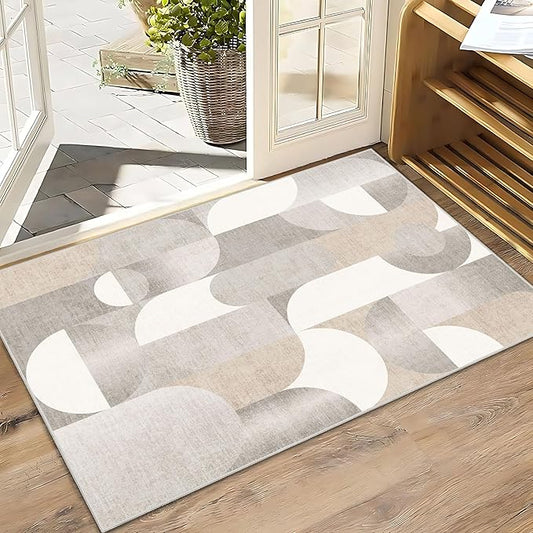 Small Rugs 2x3 Grey Rug for Entryway Bathroom Kitchen Entrance Doormat,Modern Geometric Accent Floor Throw Carpet Non Slip,Beige
