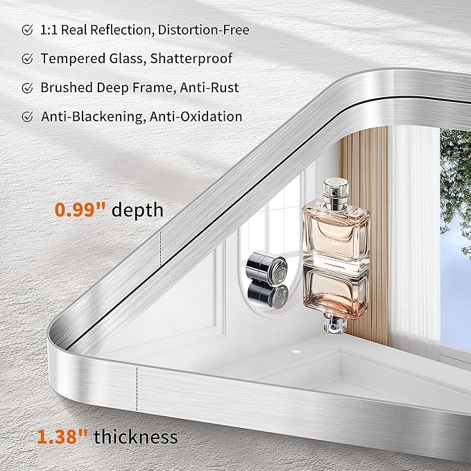 CIRCUMI Silver Bathroom Mirror, 36"x72" Rectangular Mirror with Deep Metal Frame, Rounded Corner, Tempered Glass, Large Mirror for Wall, Over 2 Sinks, Installed Vertically/Horizontally, Crystal-Clear