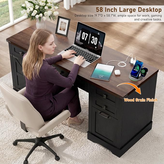 Squireewo 58'' Farmhouse Home Office Desk with Drawers, Wooden Executive Desk with Charging Station, File Drawers and Storage Cabinet, Computer Desk for Work, Study and Writing, Black