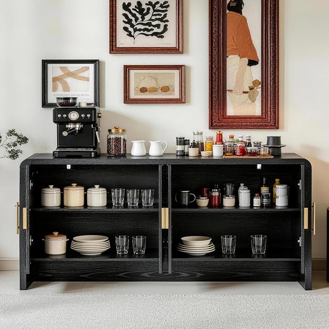 Finnhomy 68'' Sideboard Buffet Cabinet with Storage, Curved Design Credenza Storage Cabinet with 4 Doors, Console Cabinet for Kitchen, Living Room & Hallway, Black
