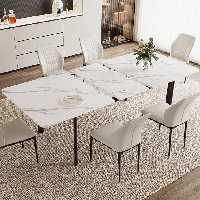 Extendable Dining Table Set for 6-8 People, 63 to 78.7 Inch MDF Kitchen Table with 6 Upholstered Chairs, Space-Saving for Dining Room, Breakfast Nook(White Table & 6 White Chairs)