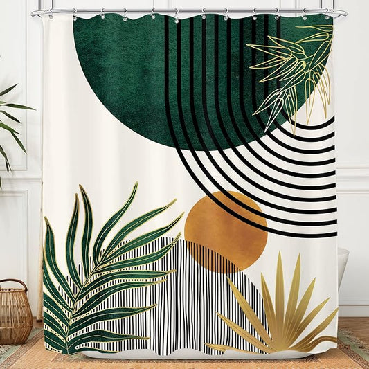 KOMLLEX Mid Century Green Boho Shower Curtain, Abstract Modern Shower Curtains for Bathroom, Plant Botanical Minimalist Leaf Arch Sun Fabric Liner Waterproof Polyester 12 Pack Hooks 60Wx72L Inches