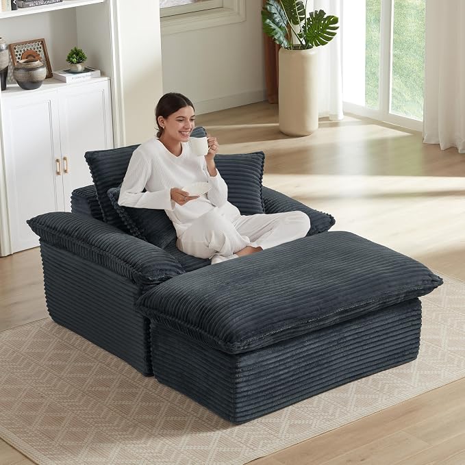 52" Boneless Chaise Lounge – Oversized Chaise Lounge Chair Indoor with Ottoman, Cup Holder & 3 Pillows, Corduroy 3-in-1 Floor Sleeper Chair Bed for Adults, Reading, Napping,Dark Grey